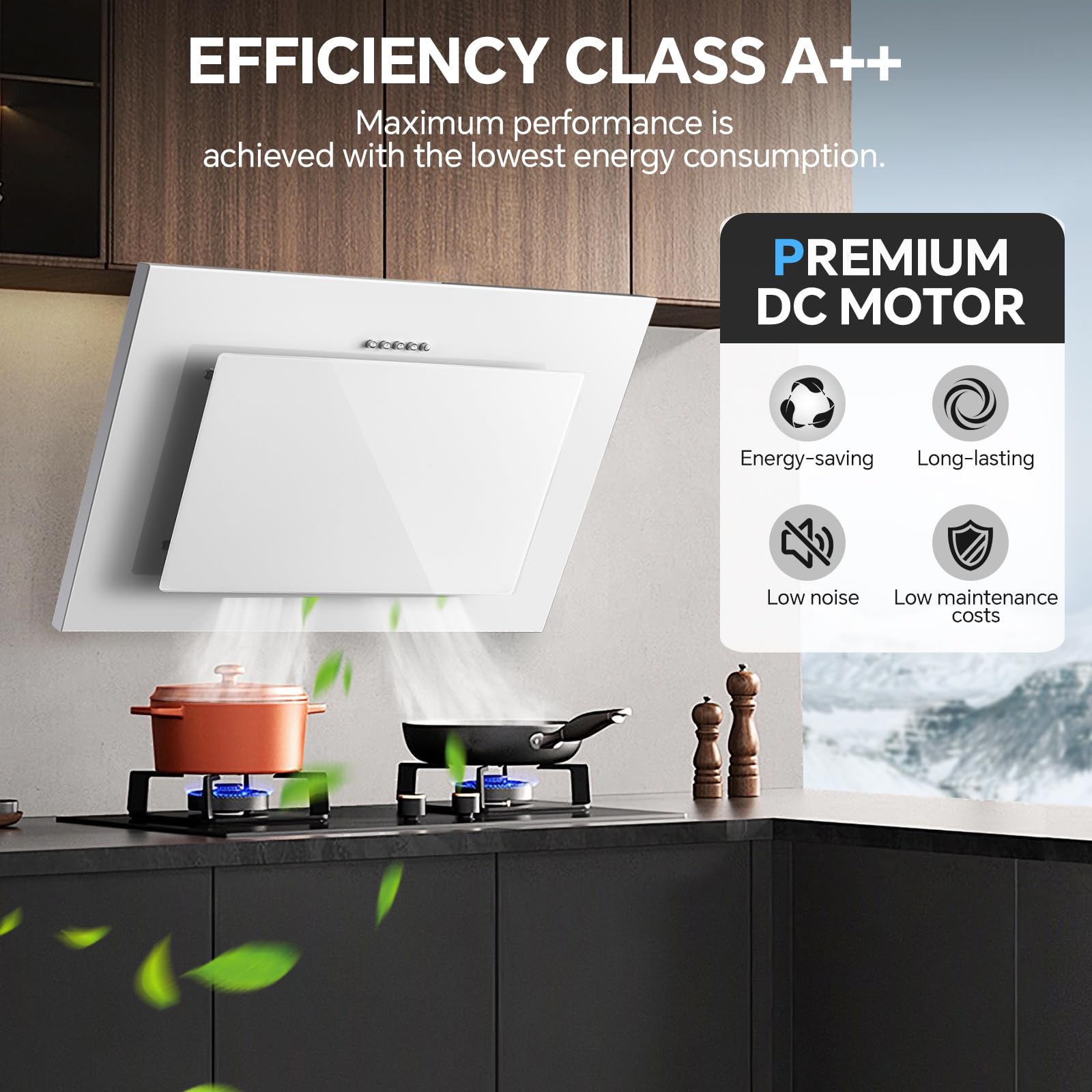 Okap kuchenny 60 cm, TopStrong okap 60 cm z funkcją obiegu powietrza/wyciągu z mocą ssącą 350 m³/h, Cicha podwieszana okapka 60 cm z diodami LED, w zestawie filtr węglowy aktywny, skośny okap ścienny