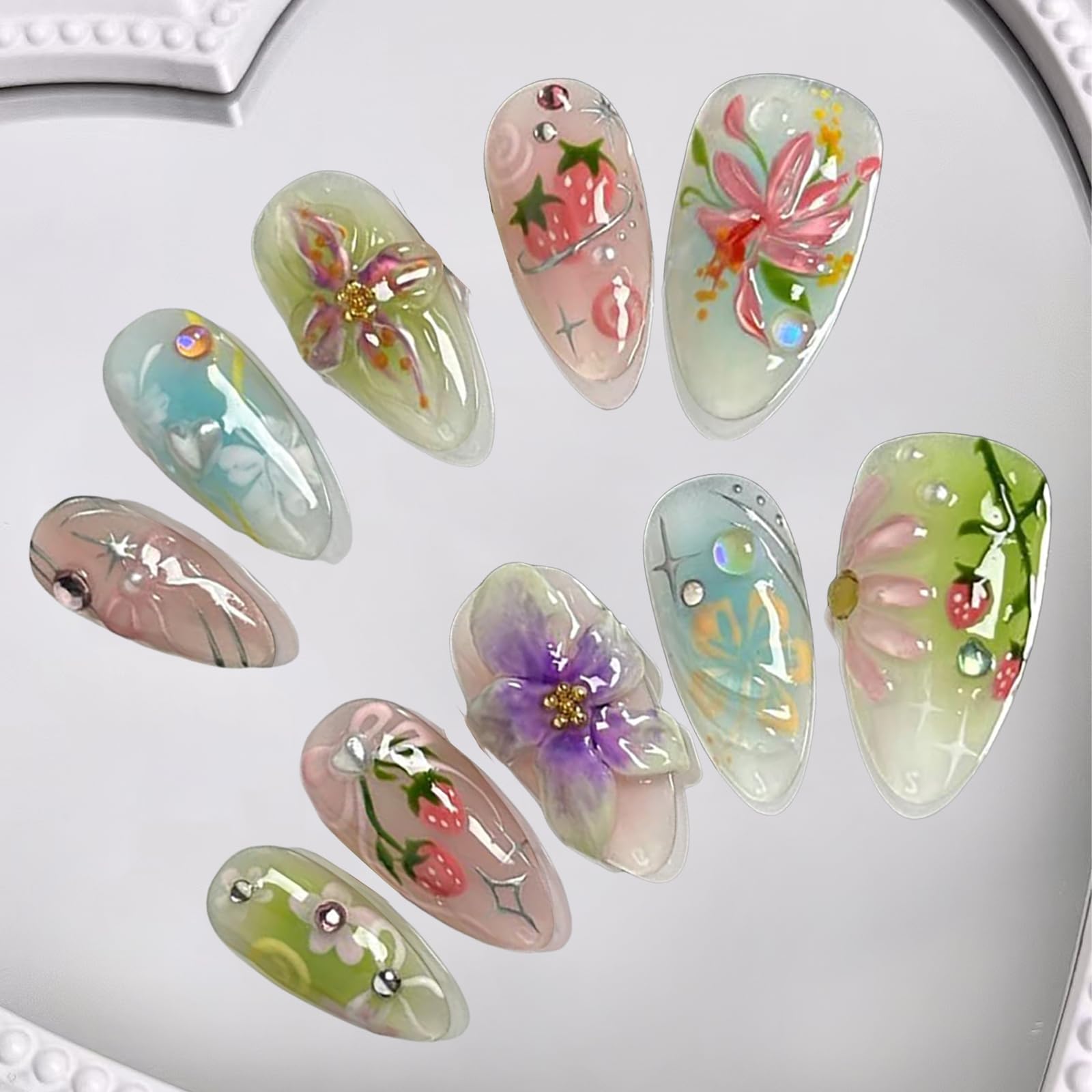 FrostyFlair Press On Nails, 30 Pieces 3D Flower Sticker Nails, Medium Almond Fake Nails - Image 3