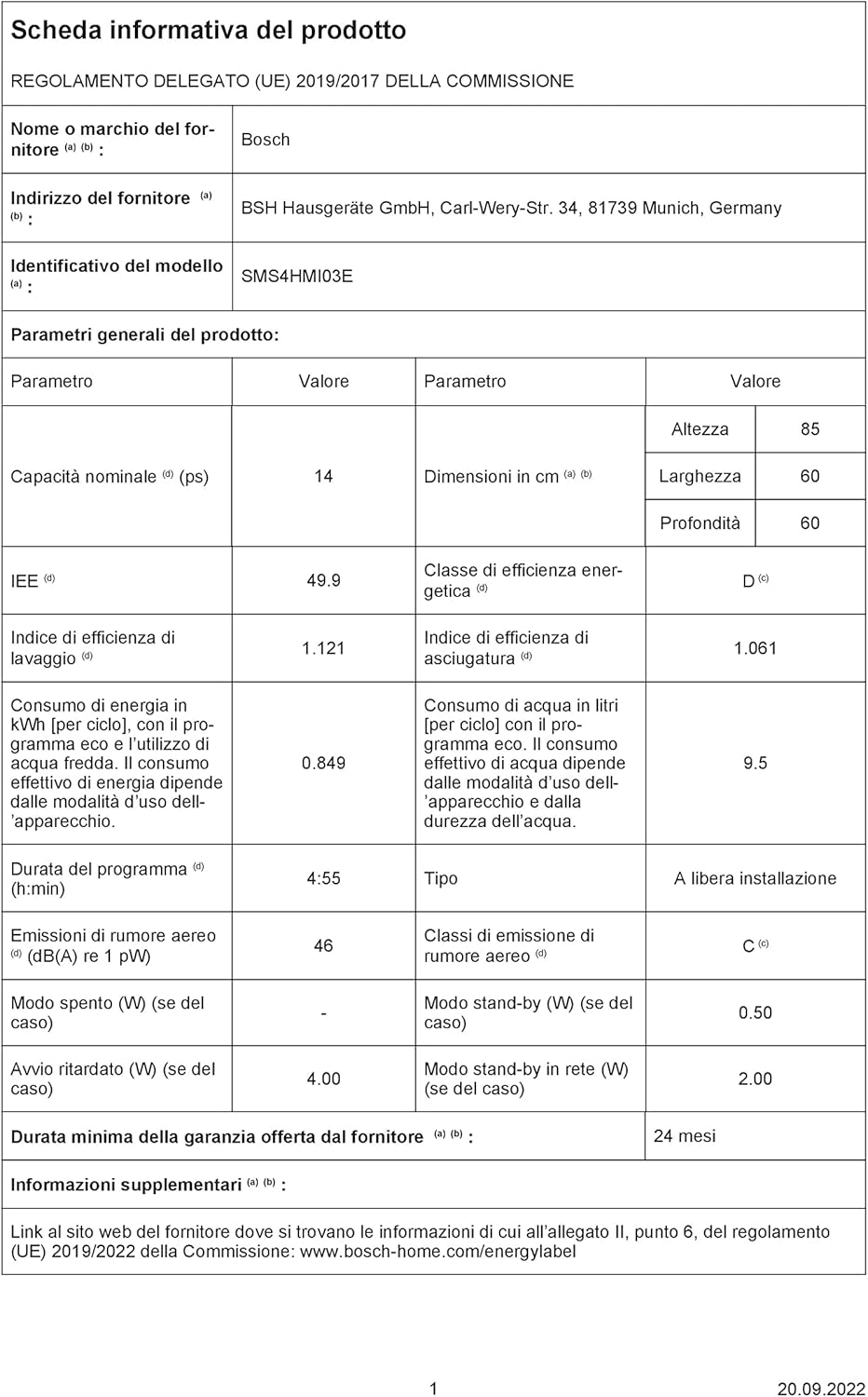 Bosch Elettrodomestici Serie 4, Lavastoviglie da libero posizionamento, color inox SMS4HMI03E [Classe di efficienza energetica D]