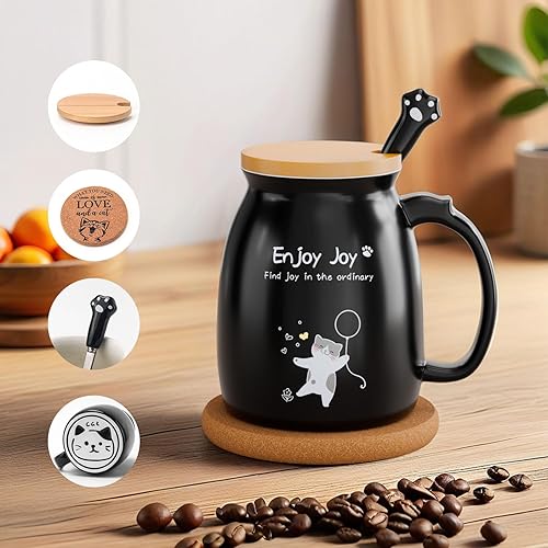 Miniatura 8 de Taza de café de cerámica con tapa de madera de gato Kawaii, encantadora cuchara de acero inoxidable, posavasos de madera gruesa de anime, regalo de