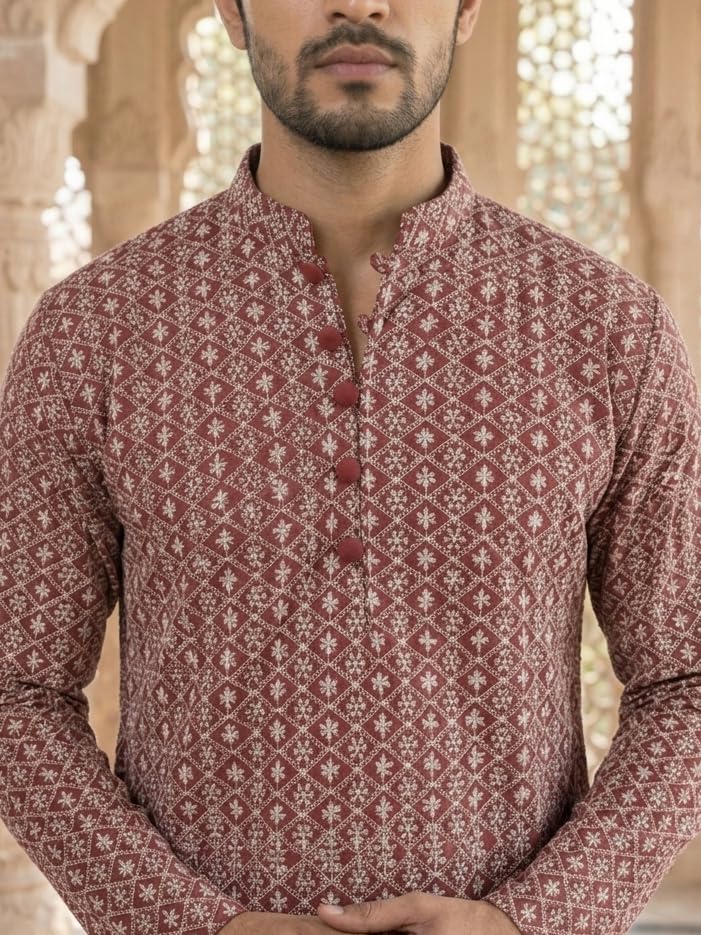 Image of Jompers Floral Embroidered Kurta (Maroon, XL)