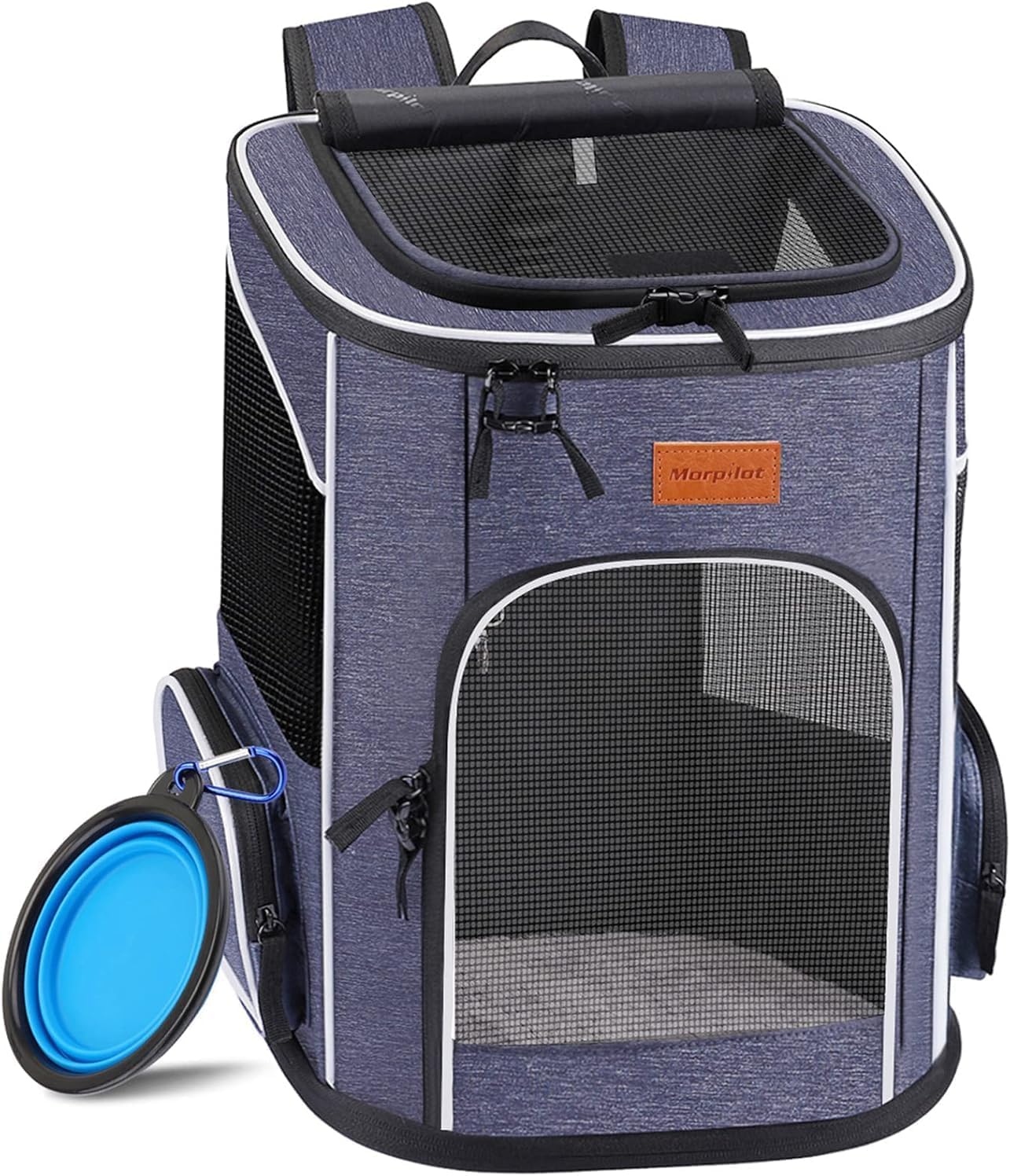 Morpilot Katzenrucksack, Hunderucksack für Katzen und Hunde Welpen, 33x28x42 cm, Atmungsaktive und Faltbare Haustier Rucksack mit Transparentes Fenster, Blau