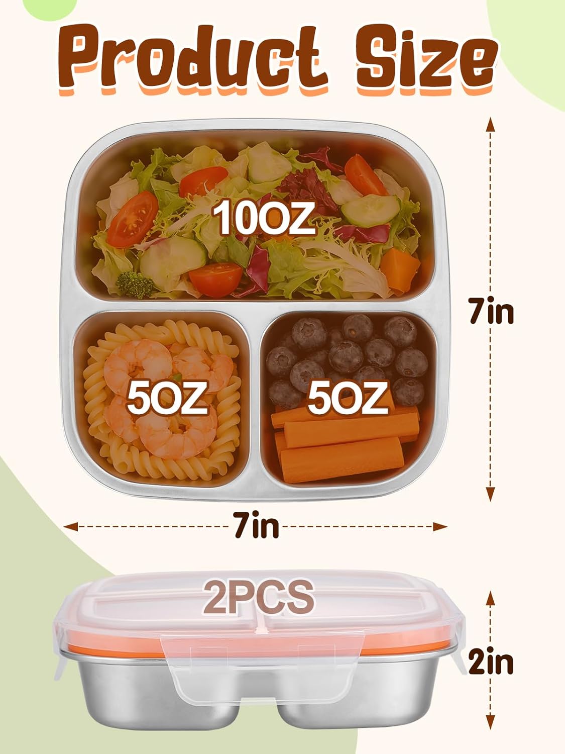 Alphatool 2 pcs Portable Stainless Steel Snack Containers for Kids - 3 Compartments Includes 10 oz & 5 oz, Dishwasher Safe Lunch Box Bento Box for School Office