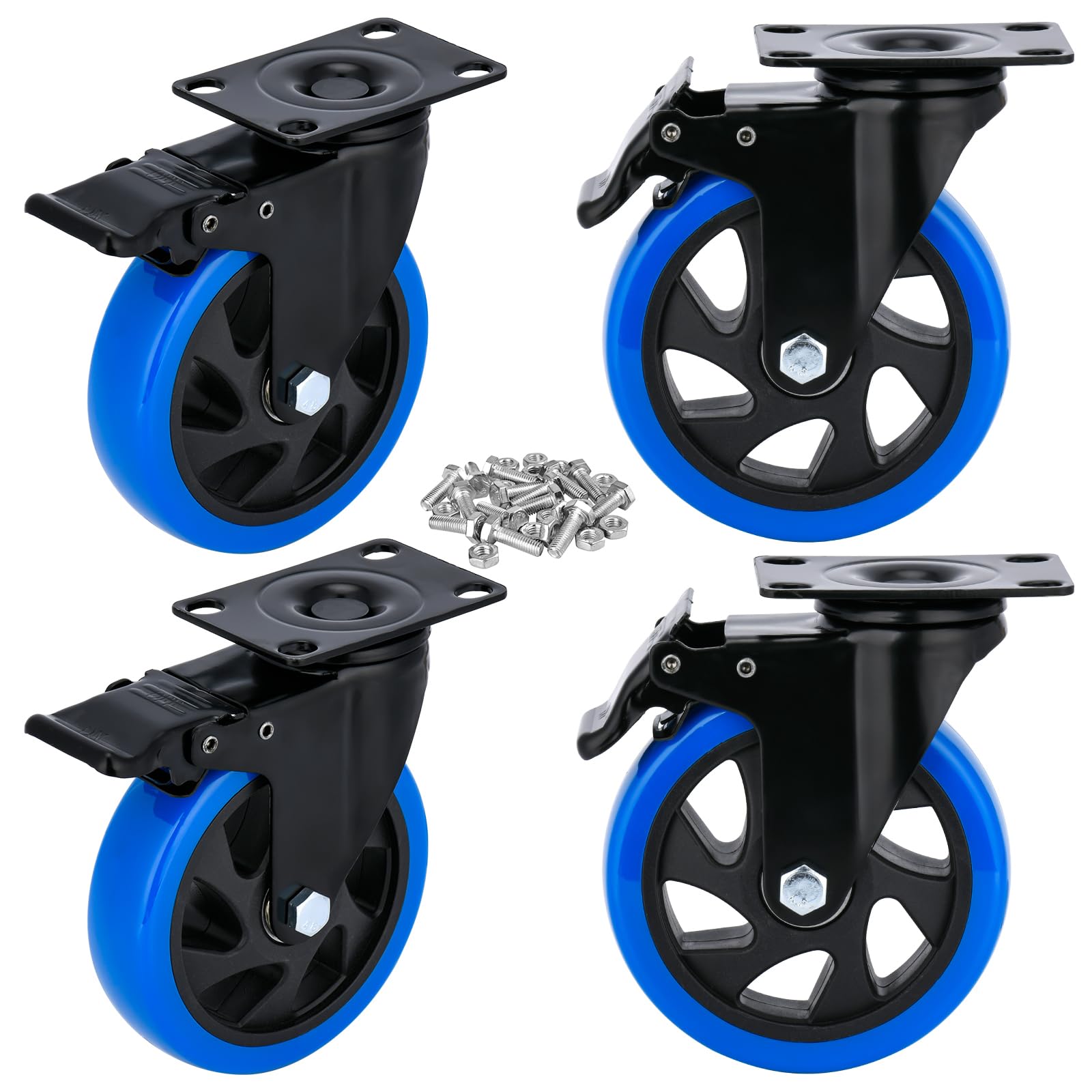 YOOGAA 5” Casters Wheels Casters Set of 4 Heavy Duty Blue Polyurethane Castors Top Plate Swivel Wheels 4-Pack Industrial Casters with Brake Casters for Furniture Workbench