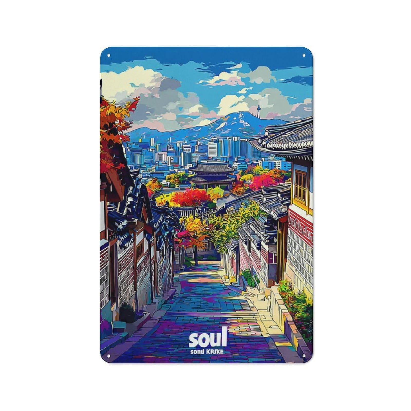 Junmoney Colorful Traditional Street Scene 30X20cm Retro Tin Sign With For Home Office Or Studio, For Home Interiors, Feature Walls And Decorative Displays