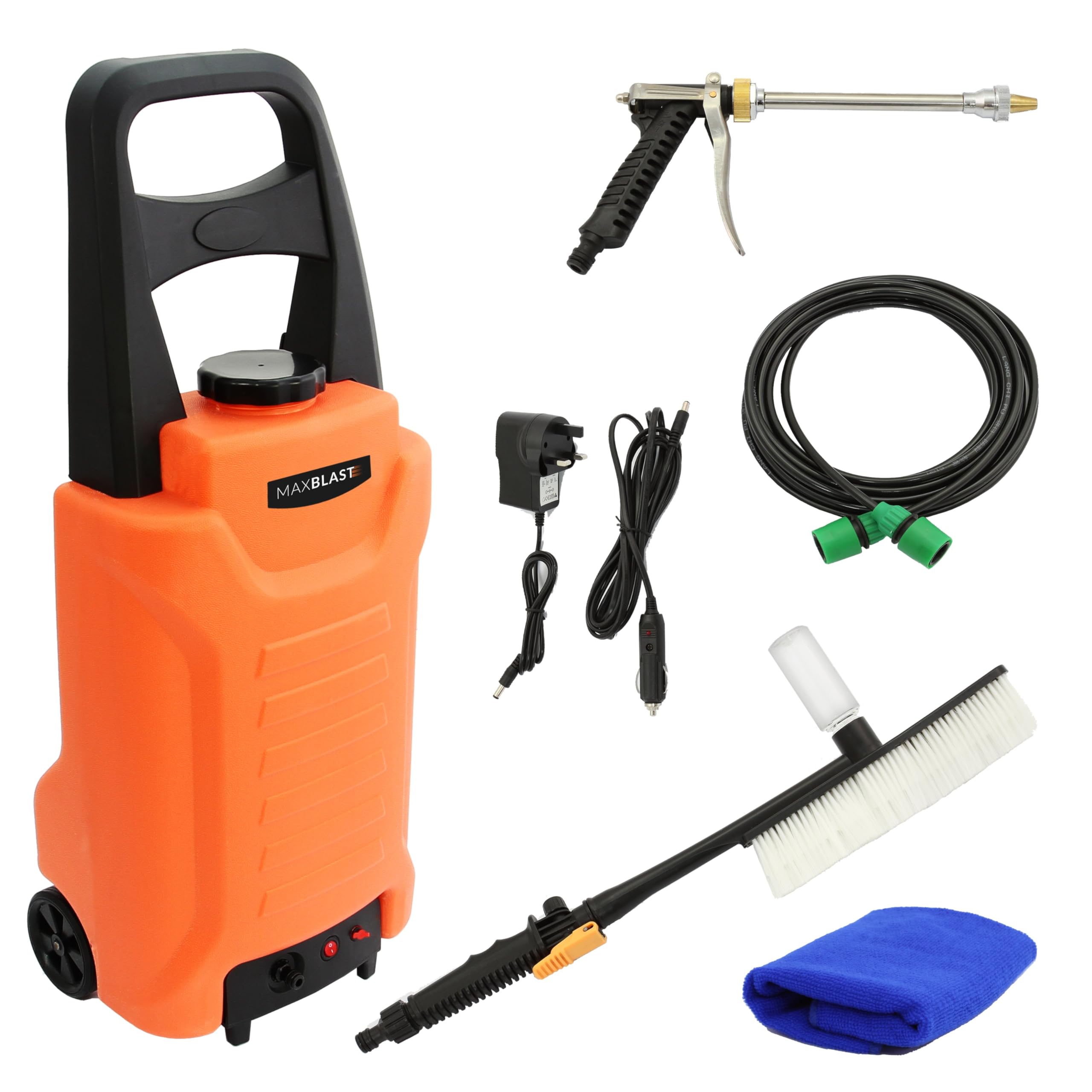 MAXBLAST 30L Water Fed Cleaning Trolley with Wheels, 12V Battery Powered Portable Washer, Brush & Spray Gun, 7m Hose for Car, Window & Outdoor Cleaning