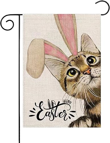Bandera decorativa de feliz Pascua de 12 x 18 pulgadas de doble cara de gato con orejas de conejo decoración de jardín para exteriores