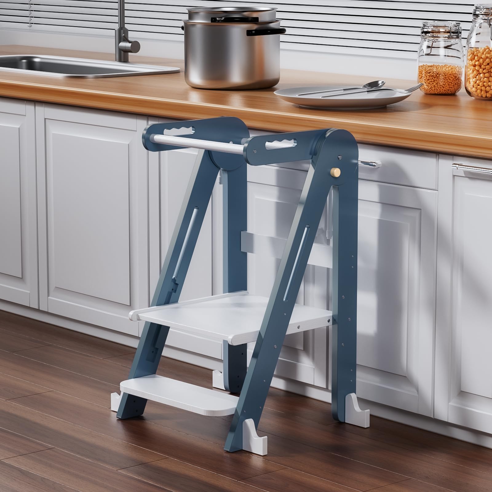 Klappbarer Toddler Tower Tritthocker, Höhenverstellbarer Kinderhocker mit Sicherheitsleiste & Rutschschutz, Kleinkind-Turm für Badezimmer & Wohnzimmer – Für Kinder ab 1,5 Jahren(Blau-Weiß)
