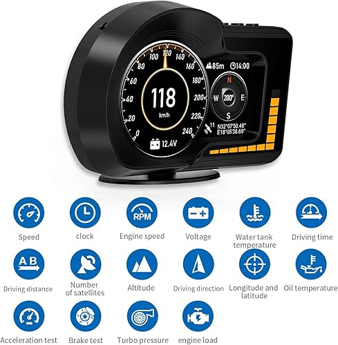 Miniatura 20 de ACECAR Pantalla frontal HUD para automóvil, OBD+GPS indicador inteligente con prueba de freno de prueba, alarma de sobrevelocidad HD LCD de reajuste