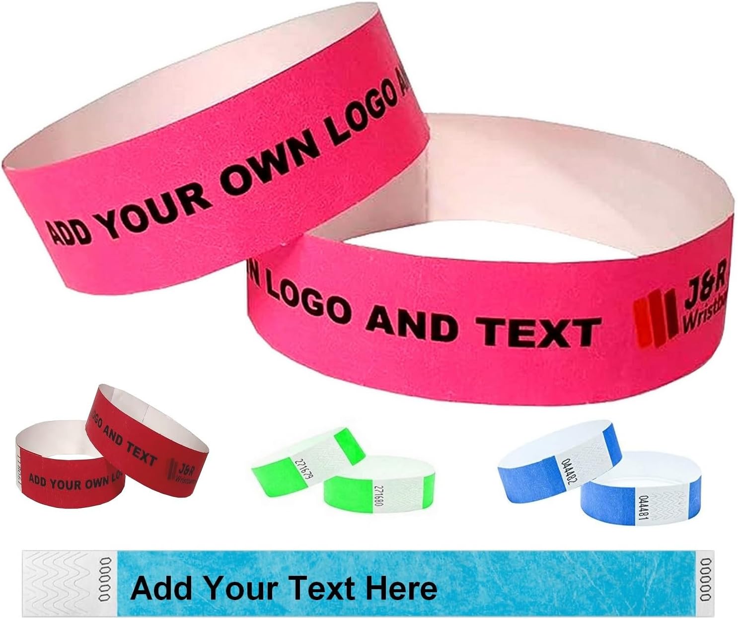 Wristbands Customised Personalised Made from Tyvek 100 Per Pack 25mm. Add Text Logos Emojis.