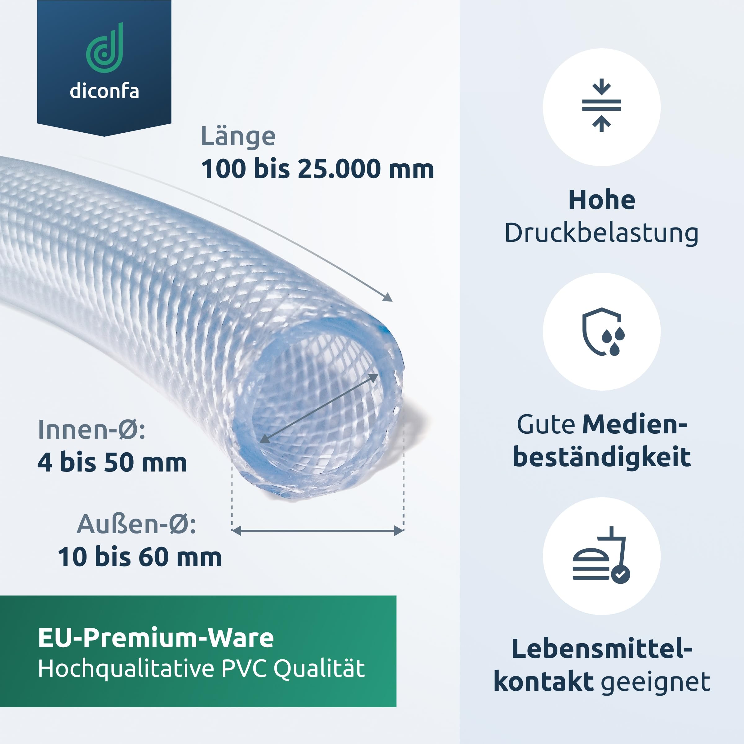 diconfa Tubo flessibile in PVC diametro da 10 a 60 mm - da 0,1m a 25 m lungo - 30/38 mm, 3500 mm (3,5 m) di lunghezza - Qualità alimentare - per aria compressa - per acqua potabile FDA KTW