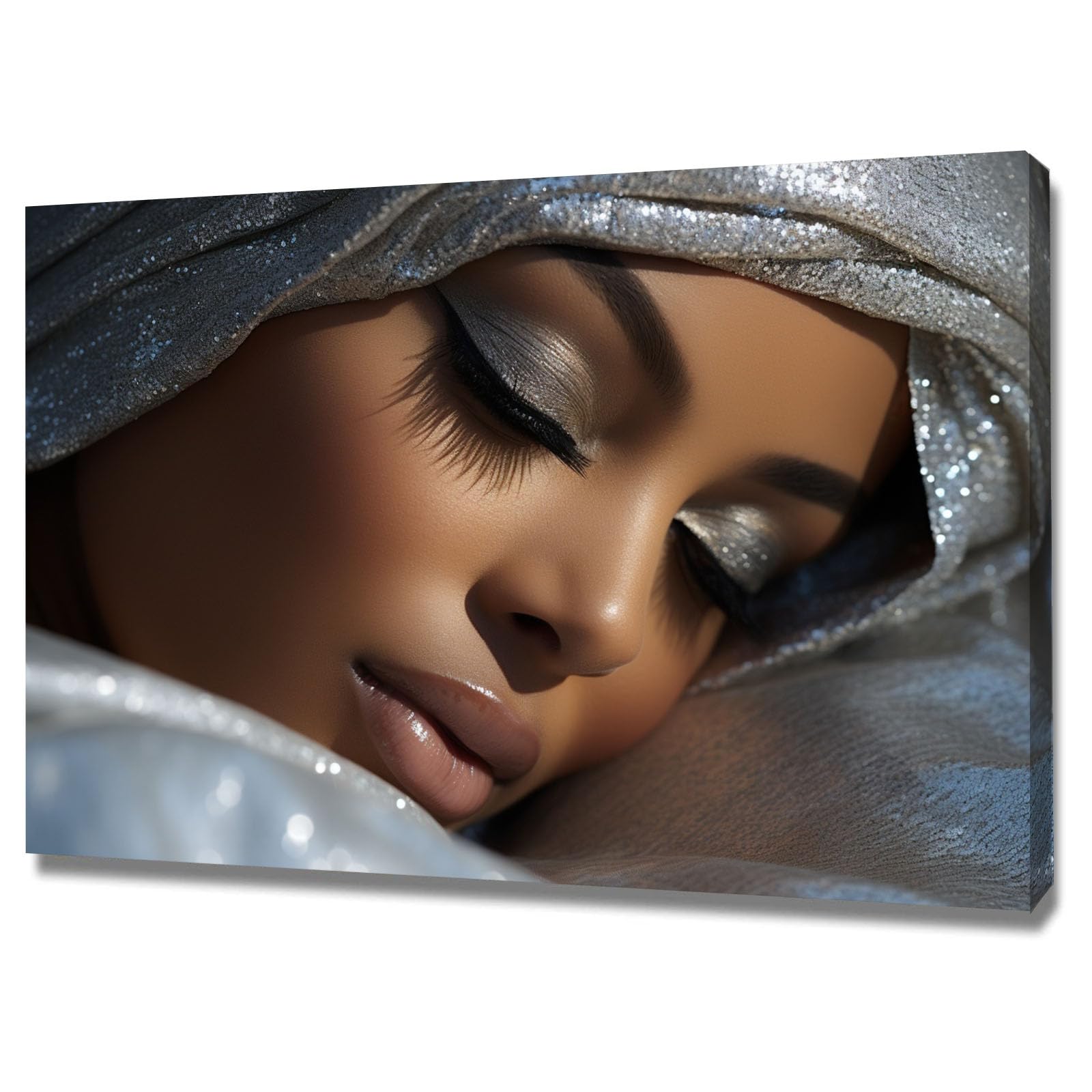 TERUEA Wall Art Print On Canvas Picture For Home Office Decor Woman with Silver Turban and Closed Eyes Portrait - Floral Woman Face - Living & Home Decor with Easy Hang Guide(Silver)-70x100cm Framed