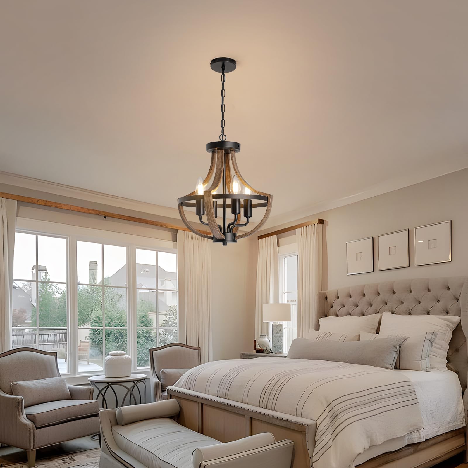 Kronleuchter im Landhausstil, Vintage-Stil, 4-flammig, höhenverstellbar, rustikale Metall-Deckenleuchte in Holzmaserung, für Esszimmer, Küche, Foyer, Flur, Eingangsbereich, Schlafzimmer
