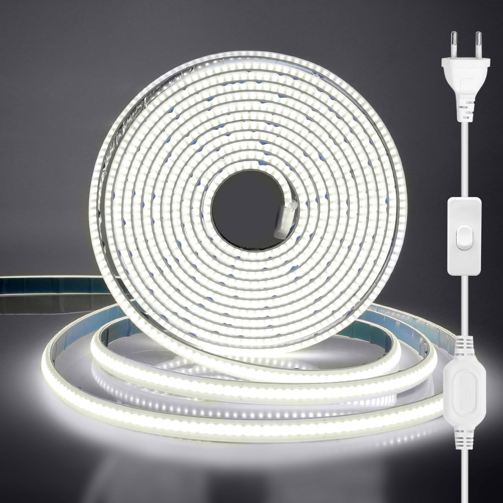 220V COB LED Streifen 20M, IP65 LED Band Lichtschlauch Leiste Kette Selbstklebend, 288LEDs/m Flexible Superhell Kaltweiß CRI≥85 LED Lichtband mit Schaltstecker für Weihnachten, Hochzeit