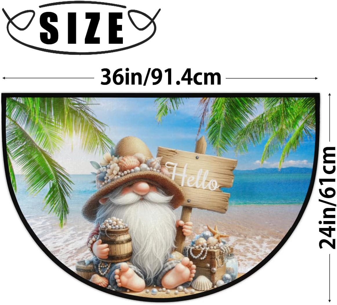Half Round Door Mat Beach Summer Gnome Semi Circle Area Rug Washable Half Moon Bathroom Rugs Entryway Rug for Indoor Bathroom Kitchen Hearth Fireplace Floor Welcome Carpet Low Profile Cute