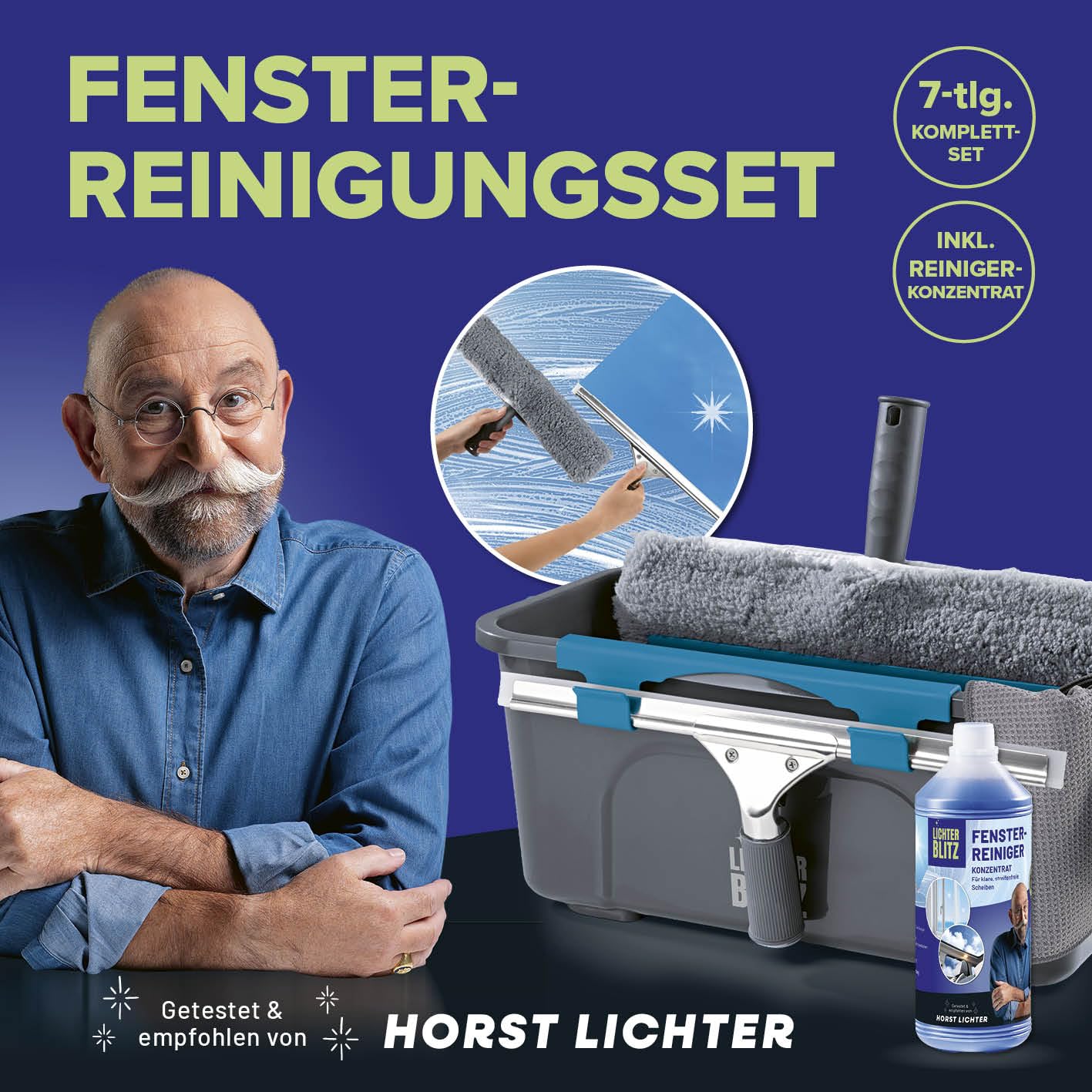 Fensterreiniger Set komplett |Professionell Fenster putzen| Inkl. Fensterabzieher, 12-Liter-Eimer mit Ablage, Abzieher, Wischer, Mikrofastertuch & Reinigungsmittel | für Haus & Auto
