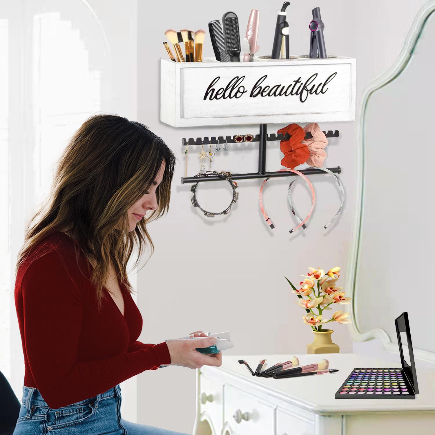 Soporte rústico para secador de pelo montado en la pared, organizador de herramientas y accesorios de peinado, suministros de baño y herramientas calientes, organizador de tocadores, para 5