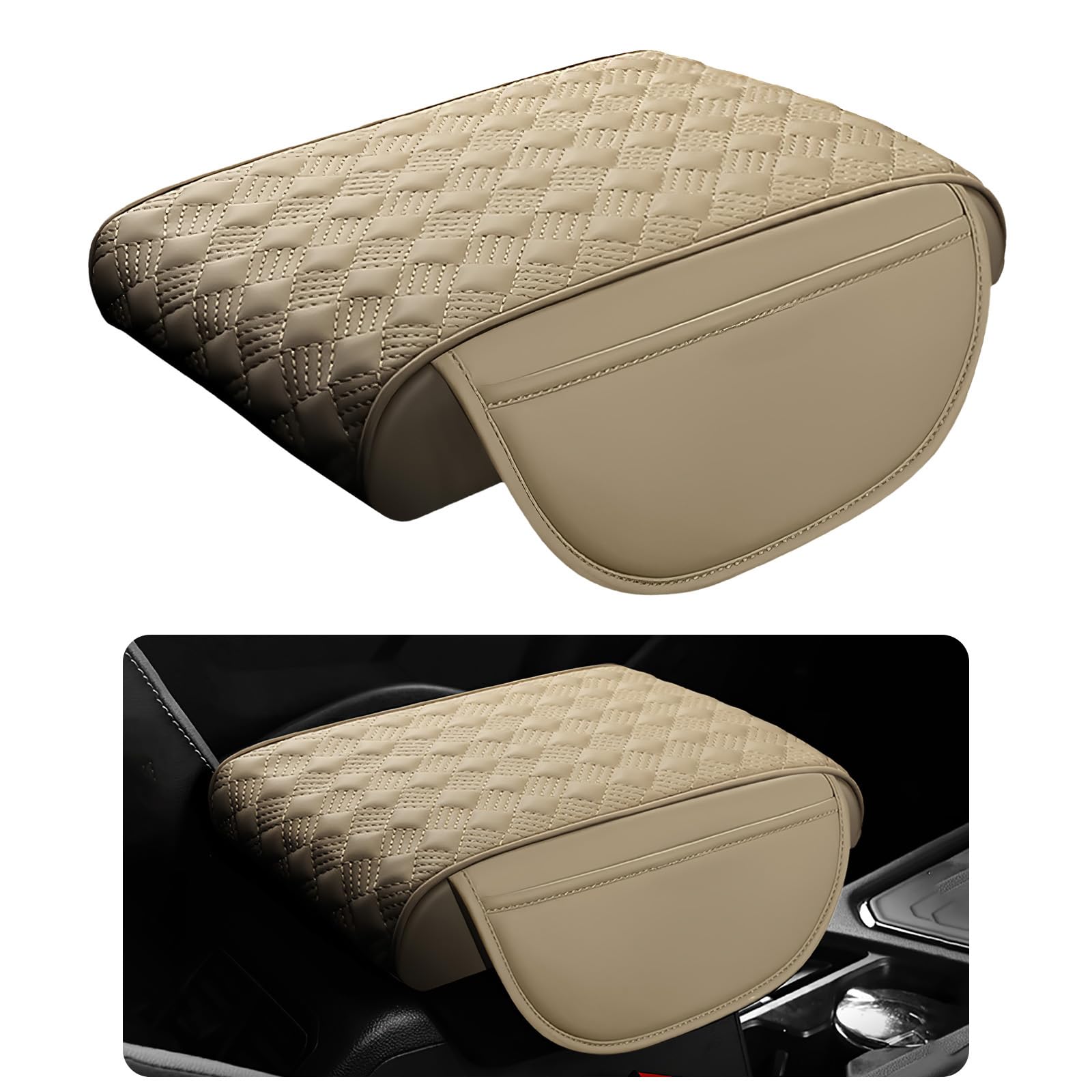 Car Armrest Cushion, 12.2"×8.3" Leather Auto Memory Foam Center Console Pad with Storage Pocket, Waterproof & Anti-Scratch Elbow Pillow Armrest Seat Box Protector, Universal Fit (Beige)