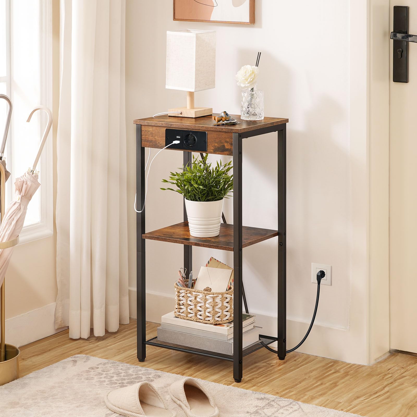 HOOBRO Mesa de Centro Alta con Base de Carga, Mesita Auxiliar de 75,5 cm, Mesa de Teléfono de 3 Estantes, Mesita de Entrada, Mesilla Alta de Noche, para Salón, Dormitorio, Marrón Vintage EBF09CDH01