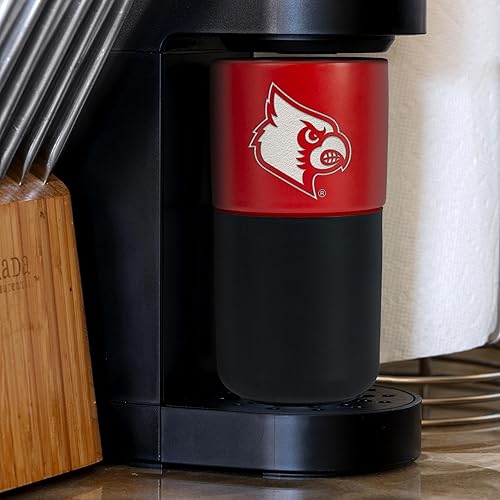 Miniatura 276 de Rico Industries NCAA Miami of Ohio Redhawks - Vaso de cerámica de 16 onzas con agarre de silicona, grabado láser profundo, diseño de color negro