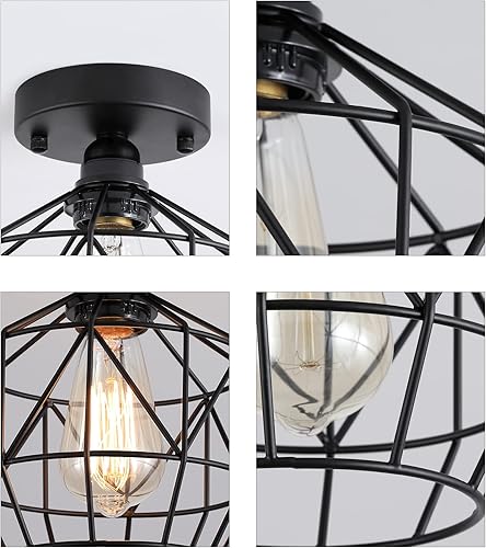 Miniatura 7 de Q&S Lámpara de techo semiempotrada negra industrial vintage retro jaula RV pequeña lámpara de techo para pasillo, armario, cocina, escalera,
