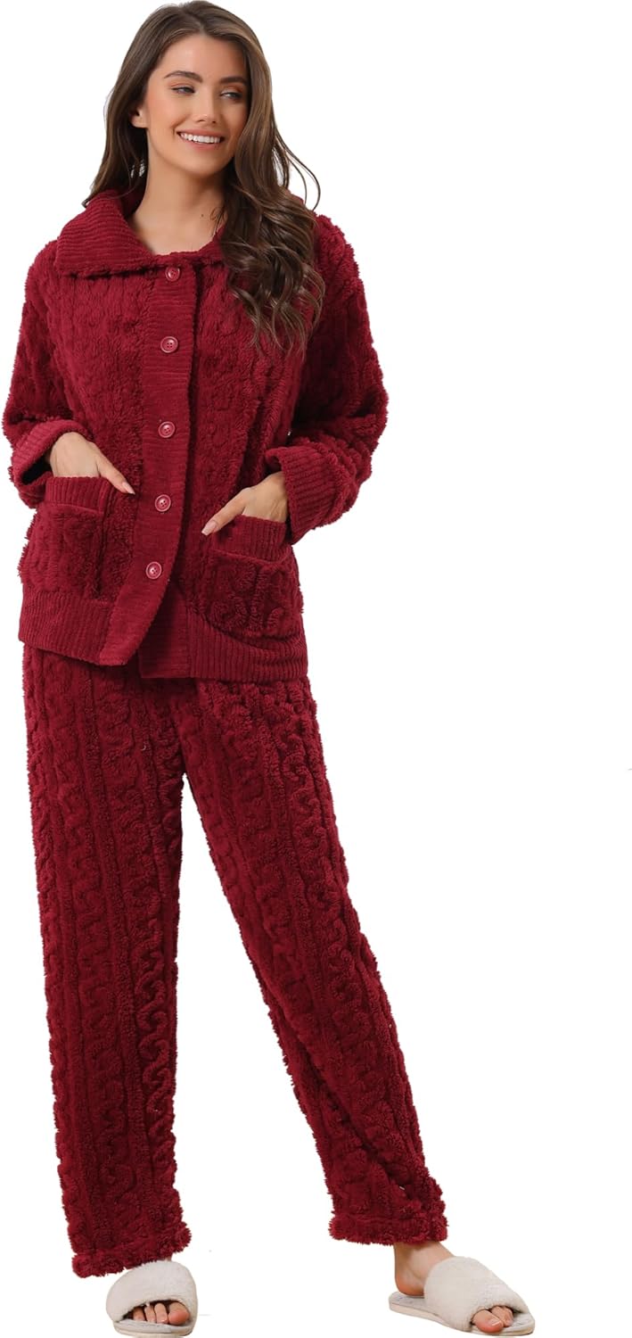 cheibear Womens Fluffy Fleece Pajama Set Soft Warm Pockets Button Down Long Sleeve Plush Fuzzy Sleepwear for Winter