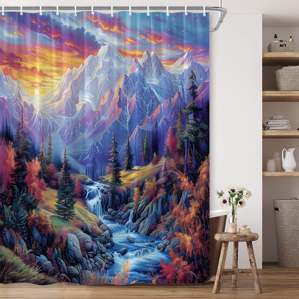 Mountain Waterfall Shower Curtain Fantasy Snow Hill Fall Misty Forest River Outdoor Natural Wonderland Landscape Polyester Fabric Bathroom Decor 70×96 Inch with Hook