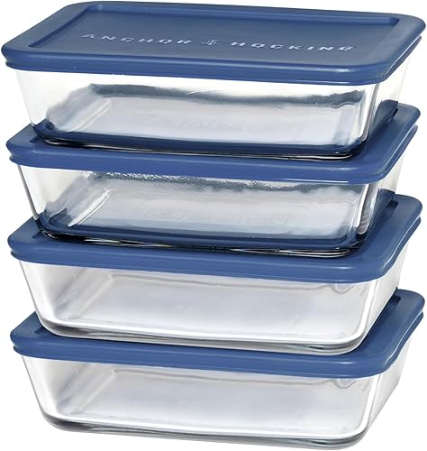 Anchor Hocking SnugFitTM Contenedores rectangulares de almacenamiento de alimentos con tapas (4 piezas, 6 tazas, azul marino, aptos para horno)