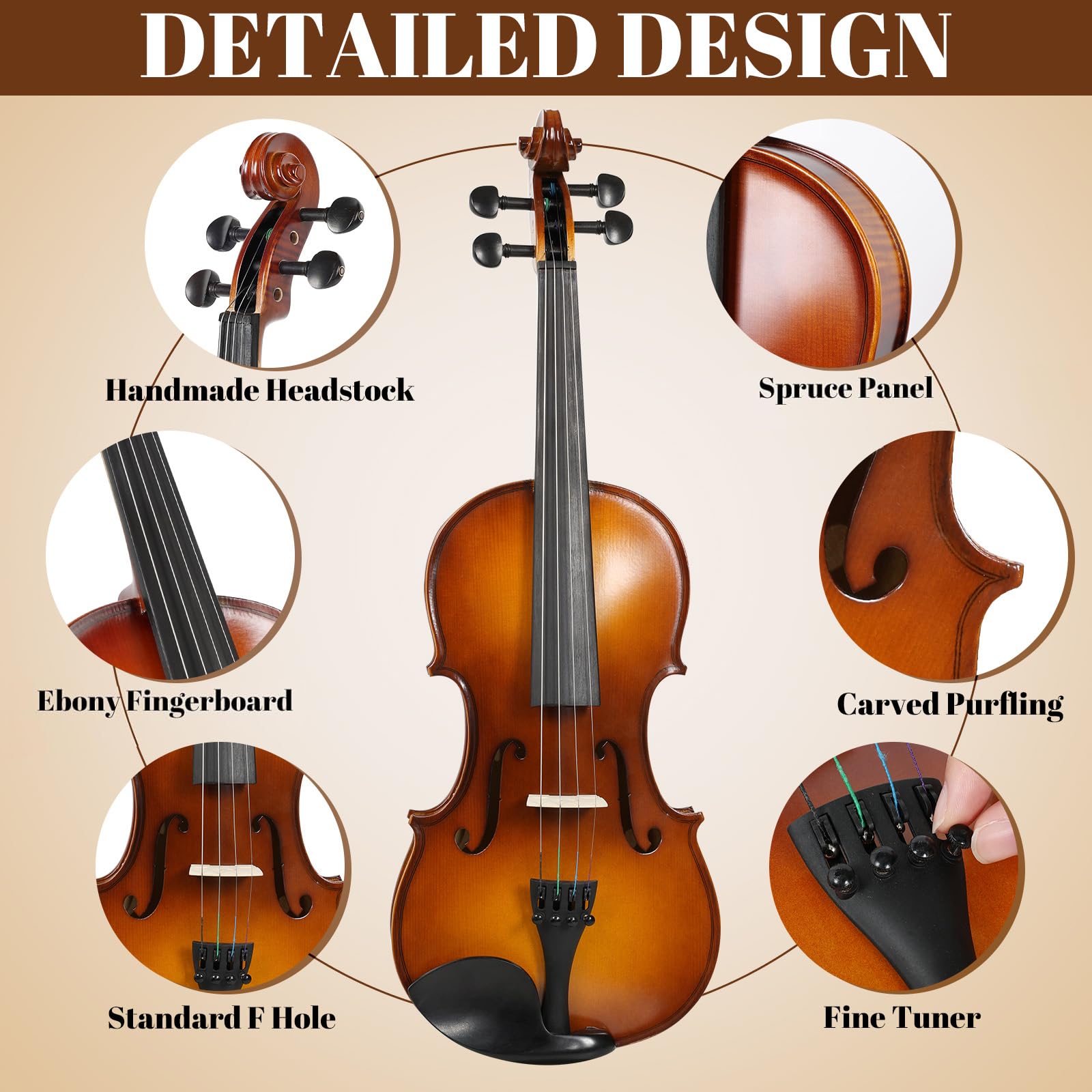 Kmise Violine 4/4 Full Size Starter Kit für Schüler Anfänger Erwachsene Tiger Flame Akustisches Geigen-Set mit Hartschalenkoffer, Bogen, Kolophonium, extra Saiten, Schulterstütze, Guide & Chart