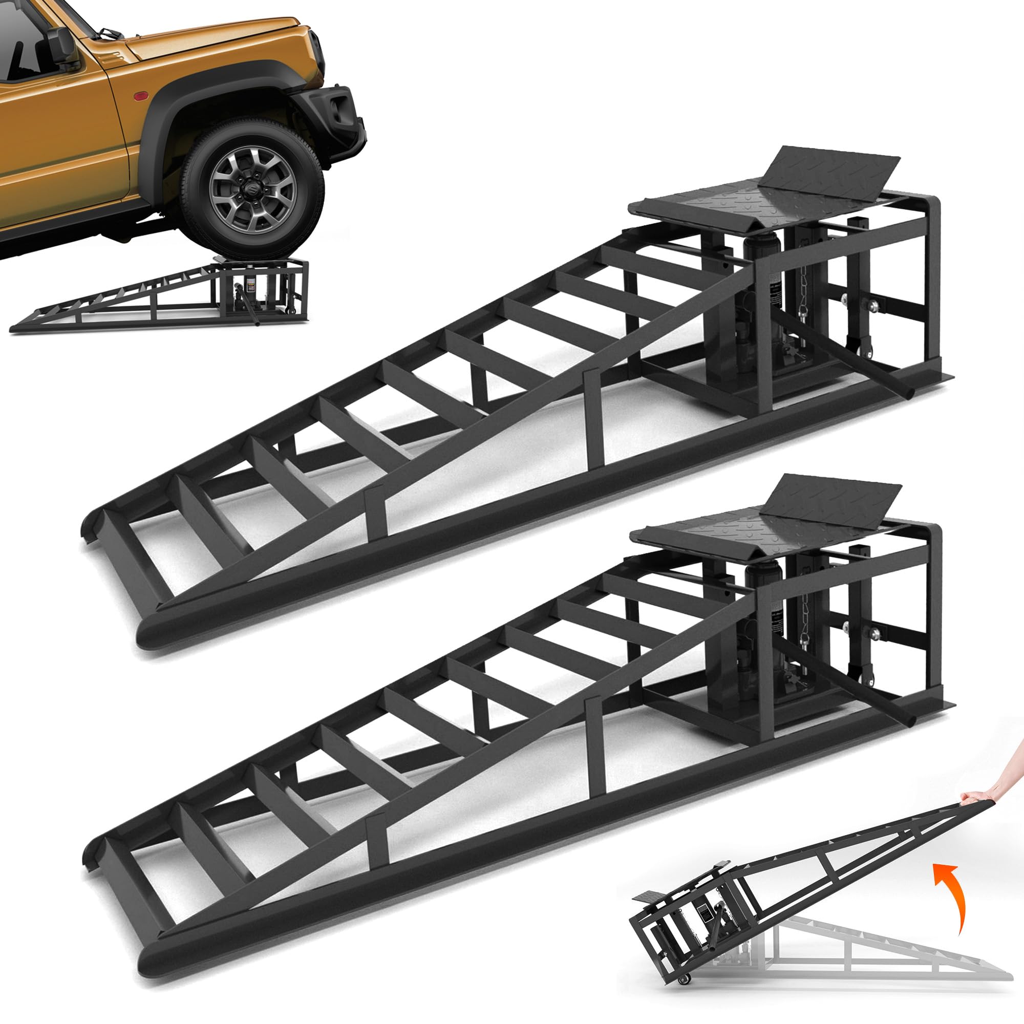 Juego de 2 rampas para coche con gato hidráulico y ruedas, capacidad de carga 5T (5000 kg), altura regulable 23 – 36 cm, plataforma elevadora para cambio de aceite y garaje, rampas de gato portátil