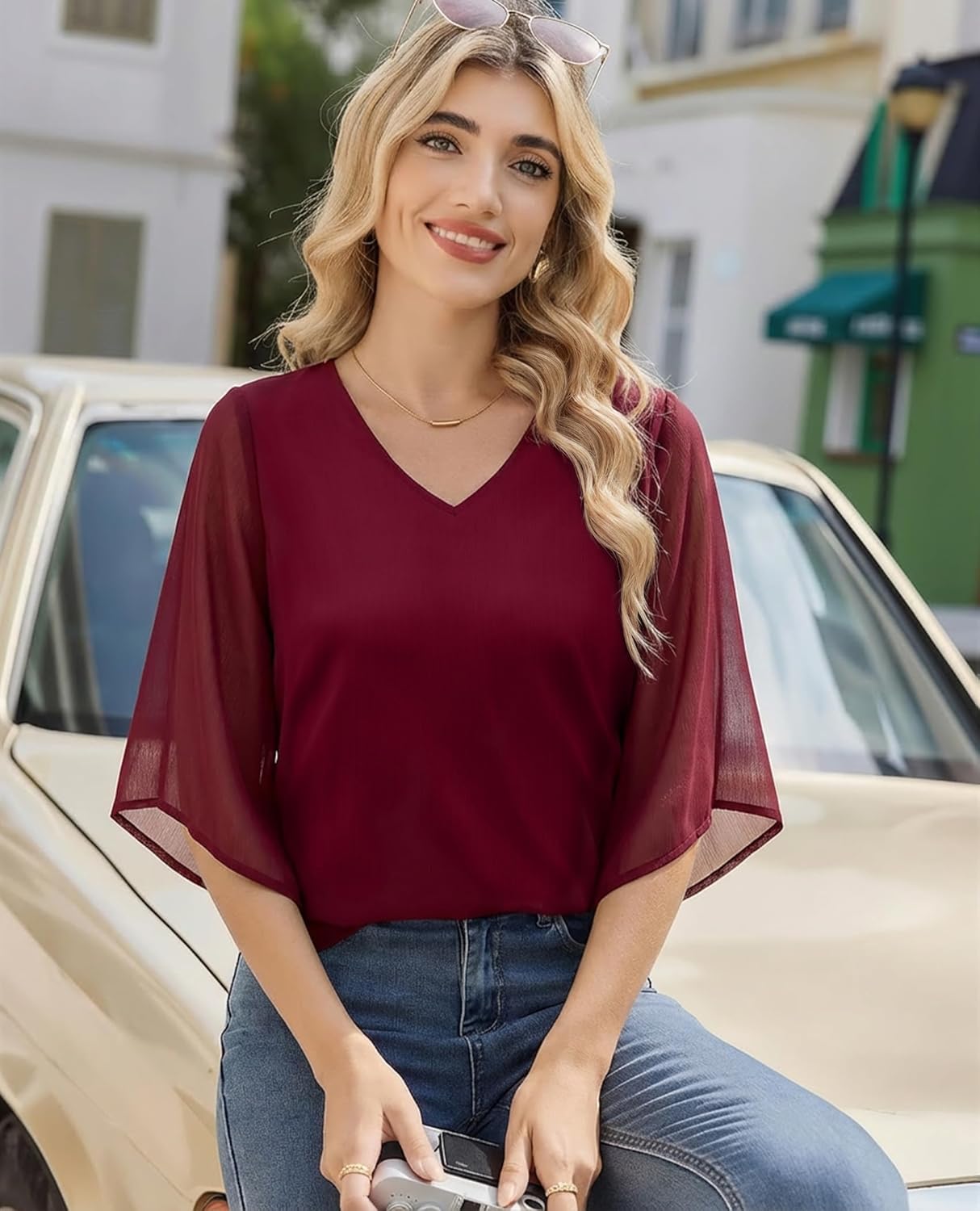 3/4 Length Sleeve Womens Tops V Neck Chiffon Blouse Dressy Casual Double Layered for Weekend Outings and Everyday Wear - Image 6