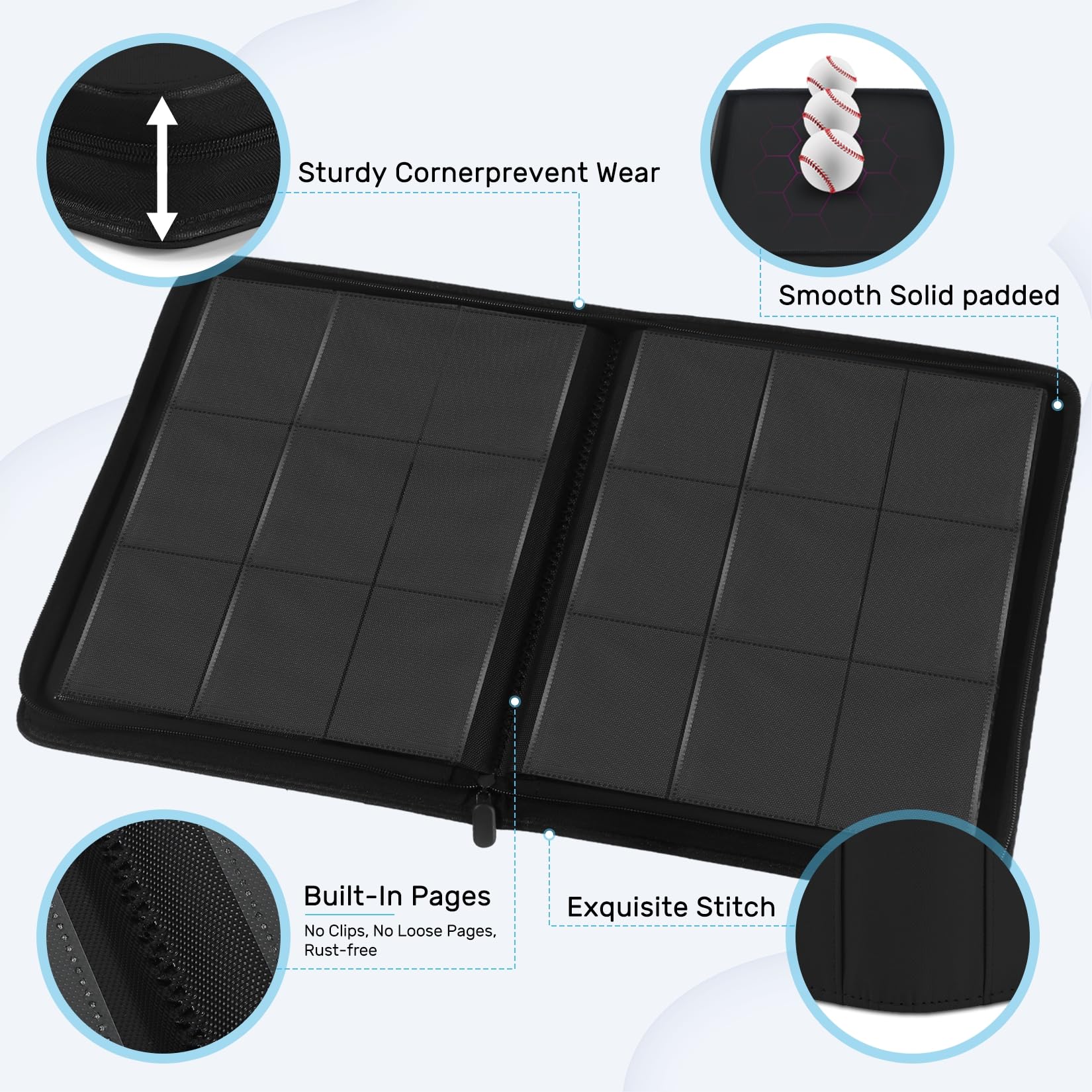 WITHYU Album da Collezione per Carte con 9 Tasche, Capienza 540 Carte - Portacarte Impermeabile con Caricamento Laterale e Cerniera per TCG, Calcio & Collezione, Portatile (Nero)