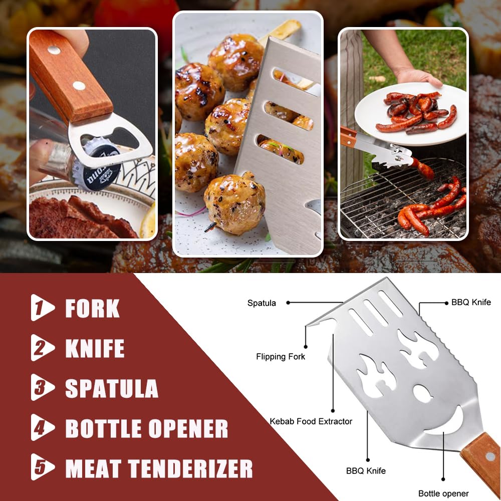 Accessori BBQ, Set Barbecue, Multifunzionali Kit Attrezzi Barbecue, con Maniglia in Legno, Coltello e Forcello, Sega, Regalo Uomo, Regali per Papà Giornata del Padre (4 Pezzi, ABCD)