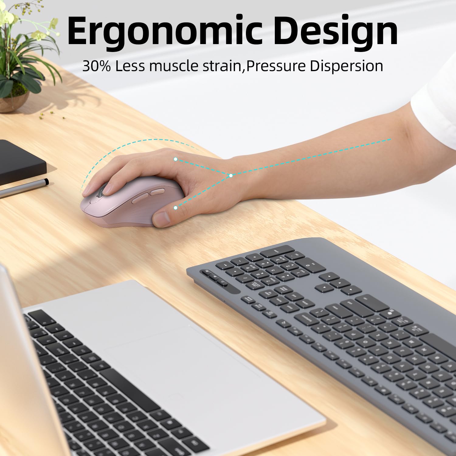 Wireless Bluetooth Ergonomic Silent Pink Mouse for Laptop & Mac, Multi-Device (BT1/BT2 + 2.4G USB) One-Click Switch, 4-Way Metal Scroll Wheel, 3000 DPI Office Mouse for PC MacBook iPad