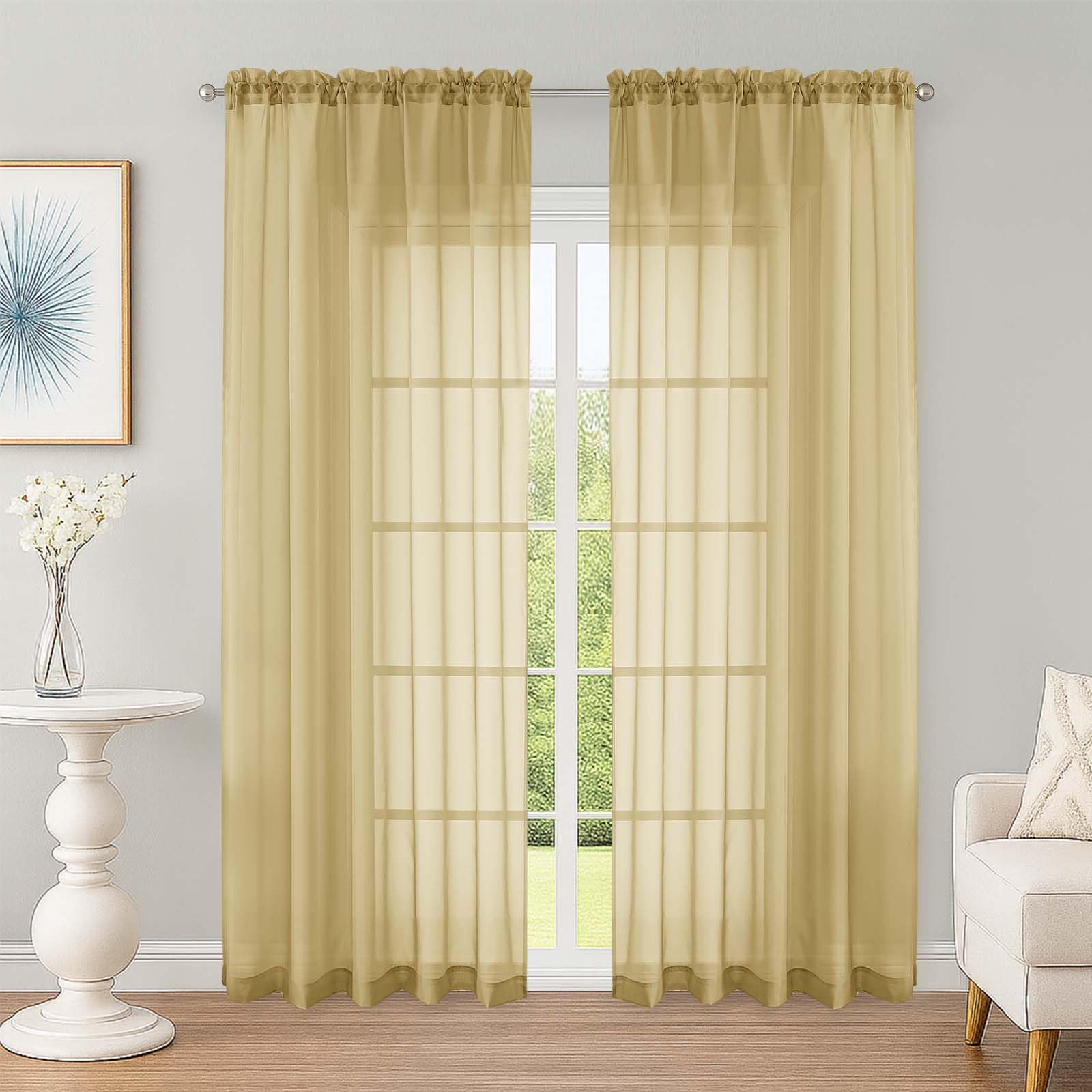 Sheer Curtains 84 Inches Long 2 Panels Set, Sheer Gold Curtains for Living Room Bedroom 59 Inch Extra Wide, Modern Voile Filmy Rod Pocket Drapes, 2 Pcs, Each 59 W x 84L, Gold