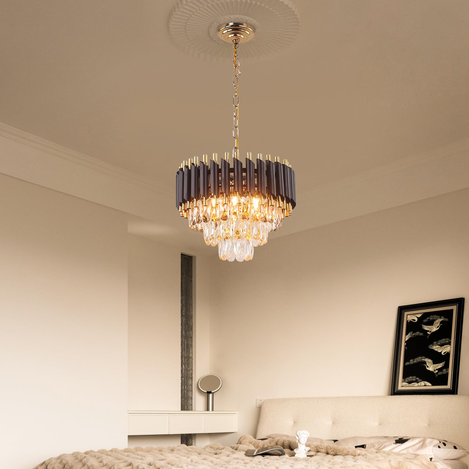 FRIXCHUR Czarno-złoty kryształowy żyrandol, lampa sufitowa, 3-poziomowa, podtynkowa, lampa sufitowa do sypialni, salonu, jadalni, przedpokoju, E14 x 5 (żarówki nie są dołączone)