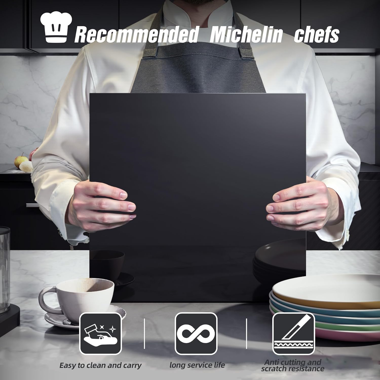 Tabla de cortar de acrílico, tabla de cortar de cristal, transparente, tabla de cortar de cocina, protector de encimera con borde de tope, tabla de cortar antideslizante para encimera de cocina (negro
