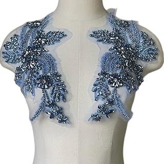 1 Pair of Handmade Rhinestone Appliques,26.5 * 18cm Light Blue Applique for Dress Wedding,Banquet Evening Gown,Photograph Shot Sewing Rhinestone Trim Patches (Light Blue-1)