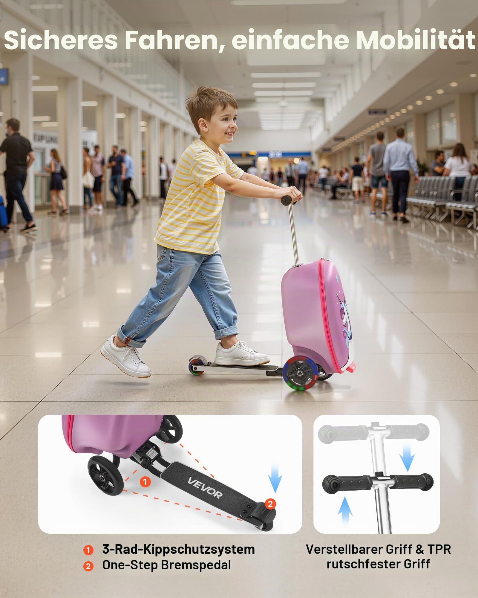 VEVOR Scooter Koffer, 20 L Fassungsvermögen, Reisekoffer mit Flash-PU-Rädern, TPR-Anti-Rutsch-Griff, max. Gewichtskapazität 50 kg, Kinderkoffer Handgepäck, für Kinder ab 5 Jahren, Lila