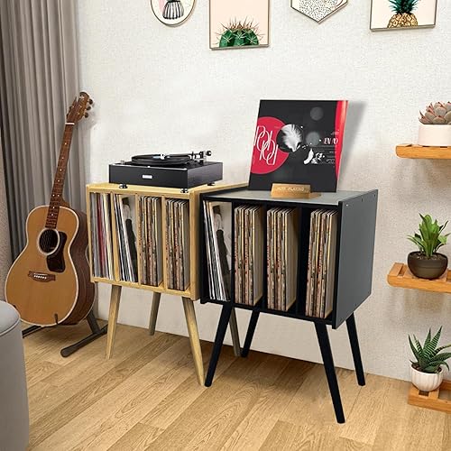 Miniatura 7 de Soporte para tocadiscos de bambú con 4 gabinetes con capacidad para hasta 100 vinilos, álbumes, mesa de almacenamiento de vinilo de mediados de