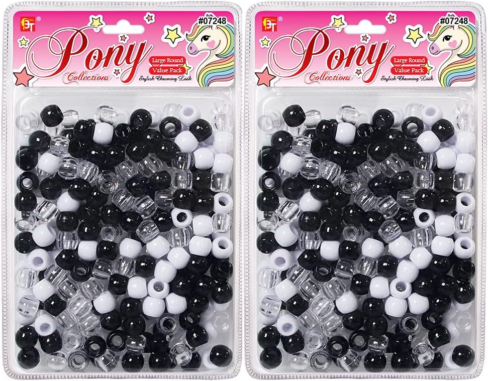 410 Pcs Beads Jewelry Making Kit DIY Hair Braiding Bracelet Ornaments Crafts Large Round Clear Assorted Pony +2 Beaders Included (Black/White/Clear)
