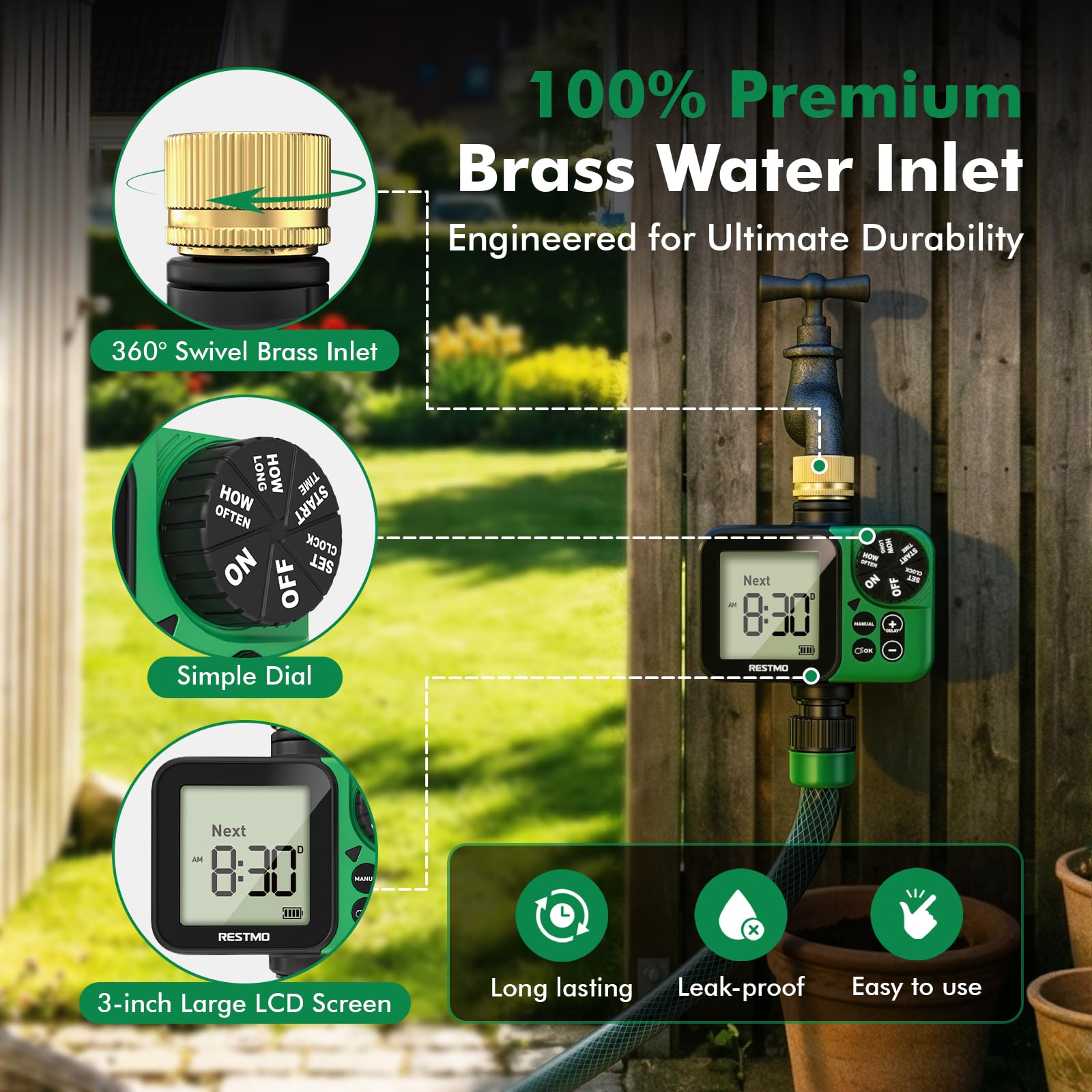RESTMO Timer di irrigazione LCD di grandi dimensioni per rubinetto del tubo esterno, fino a 11h59m Timer di irrigazione programmabile per tubo di immersione, riempimento, nebulizzazione con ingresso