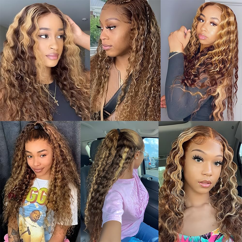 Color 27 Highlight Deep Wave Bundles 26 28 30 Inch Dark Brown Mix With Honey Blonde P4/27 Human Hair Bundles Unprocessed Brazilian Remy Hair Extensions Ombre Bundle For Women