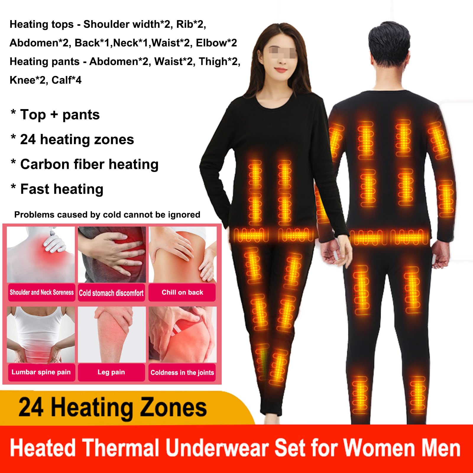 Set di Biancheria Intima Riscaldata Donna Uomo, 24 Zone di Riscaldamento, Maglia + Pantaloni Termici Base Layer Elettrica USB, Set di Biancheria Intima Termica per Sci Pesca Moto,L,Men