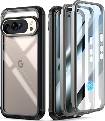 Poetic Guardian Case for Google Pixel 10 Pro XL 5G, Built-in Screen Protector [Work with Fingerprint ID], [2 Front Frame] [Wireless Charge] Full Body Shockproof Rugged Clear Cover Case, Black/Clear