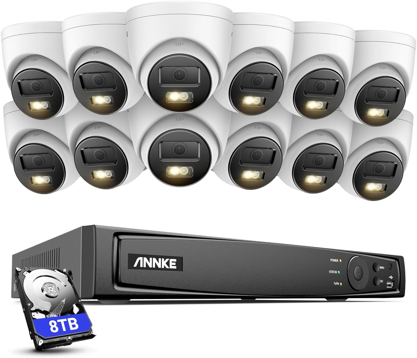 ANNKE PoE Security Camera System, 16CH 12MP 5-in-1 NVR Recorder, 12X 12MP Mega HD Smart Color Night Vision Built-in Mic Turret IP Wired Cams, 2.8mm Lens, AI Motion Detection, Work with Alexa, 8TB HDD
