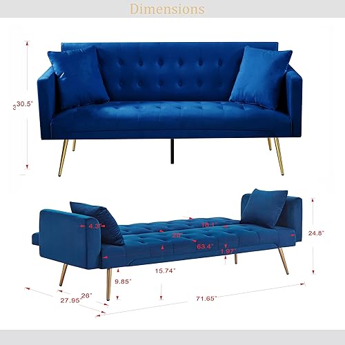 Miniatura 70 de Sofá cama moderno de terciopelo de 72 pulgadas, sofá cama plegable convertible con 3 respaldos ajustables, asiento reclinable copetudo con patas