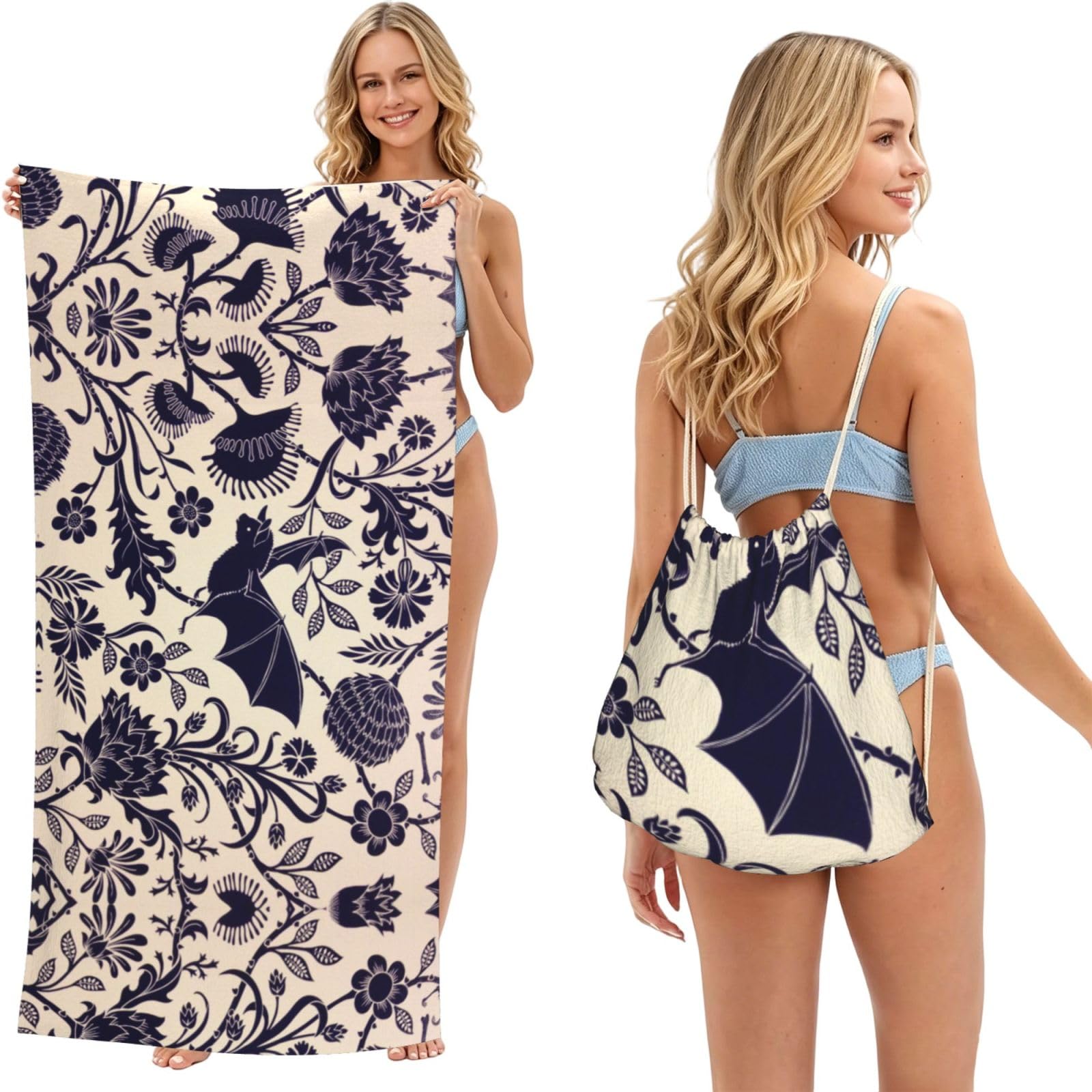WSHFFILO Bat pattern printed 2 in 1 Packable Towel Bag Bath Towel Beach Towel