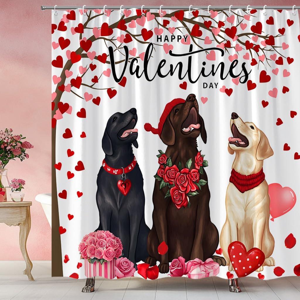 Valentines Dogs Shower Curtain Red Pink Heart Tree Rose Cute Funny Animals Fabric for Bathroom Decor Bathtub with Hooks (70" WX84 H)