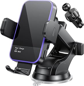 Wireless Car Charger,【7 Colored LED Backlit】 Mosurr 15W Auto Clamping Phone Holder Car Mount Charger for iPhone 16 15 14 13 12 Mini Pro Max 11, Samsung Galaxy S24 Ultra S23 Note 20, etc-Dark Black